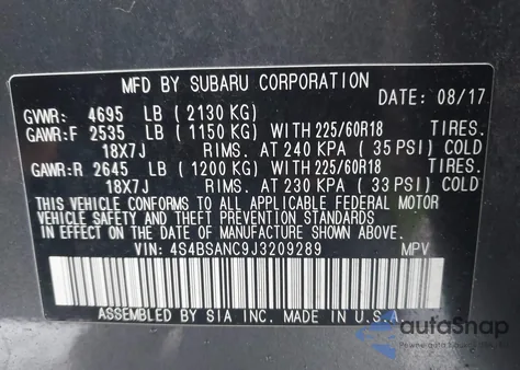2018 Subaru Outback 2.5I Limited from USA, damaged, VIN 4S4BSANC9J3209289